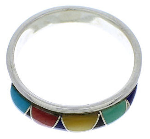 Southwestern Sterling Silver Multicolor Inlay Ring Size 8-1/4 UX37241